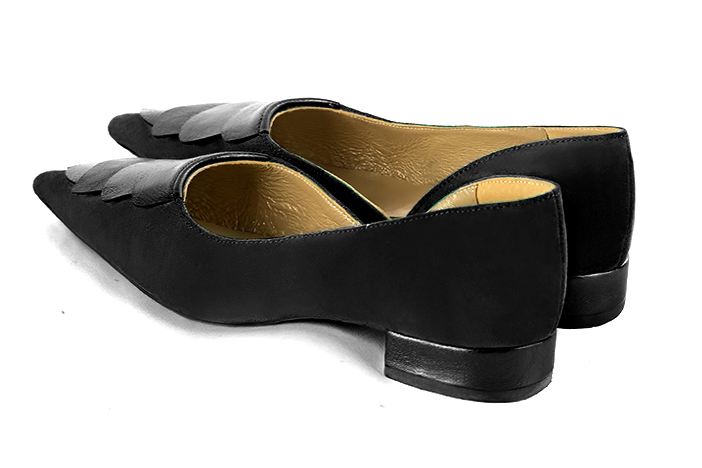 Matt black women's open arch dress pumps. Pointed toe. Flat flare heels. Rear view - Florence KOOIJMAN